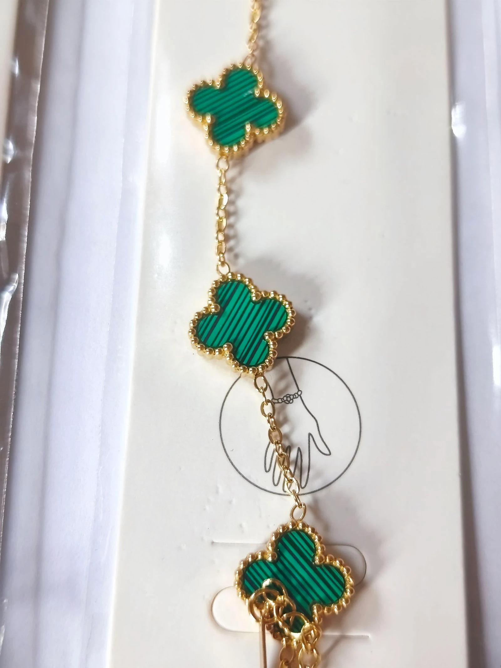 Conjunto de trevo verde malaquita com gargantilha pulseira e brincos em corrente dourada de aço – photo 8